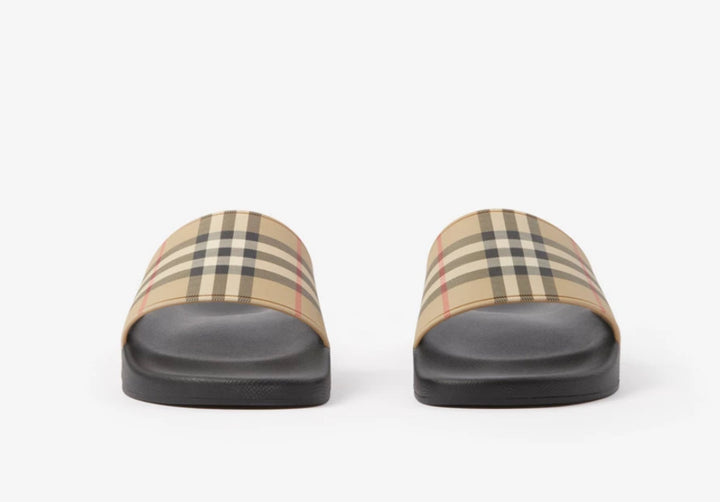 BURBERRY Beige & Black Check Slides