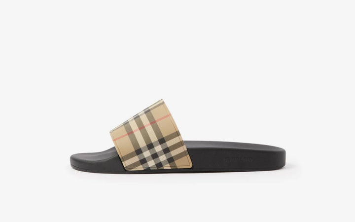 BURBERRY Beige & Black Check Slides